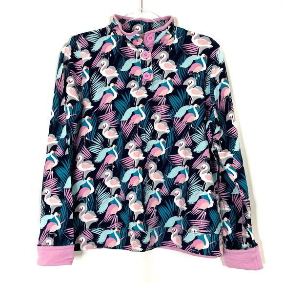 Crown & Ivy | Flamingo Pullover Blue Pink Long Sleeve Button Cotton Large Petite - Picture 1 of 6